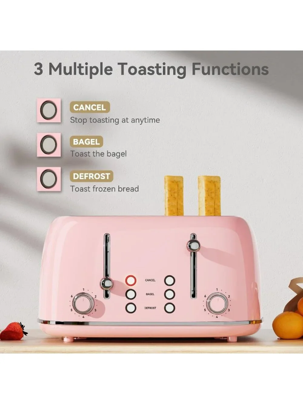 4 Slice Pink Retro Stainless with 6 Bread Shade Settings 1.5''Wide Slots Toaster